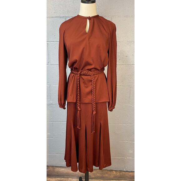 Vtg 70s Russet Brown Knit Polyester 3 Piece Pleated Skirt Set Tunic Keyhole Neck - Picture 5 of 11